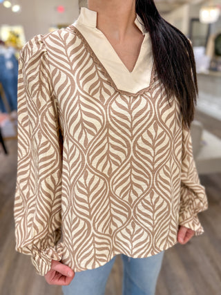 Mocha Palmetto Print Long Sleeve Blouse