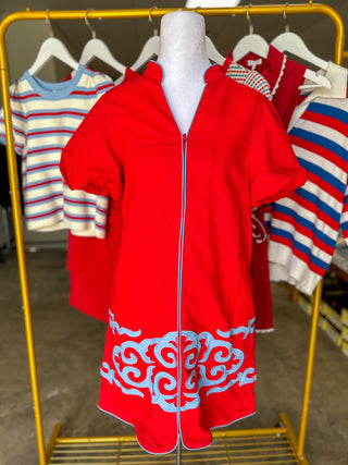 Red & Blue Charleston Charm Embroidered Zip Mini Dress