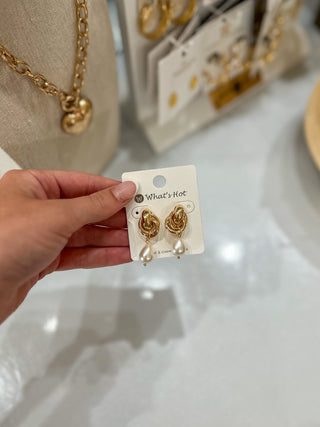 Gold Knotted W/ Teardrop Pearl Earring