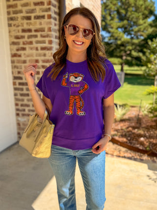 Purple Emily LSU Tiger Mascot Sequin Top