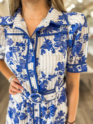 Deep Blue Stripes & Stems Buttoned & Belted Mini Dress