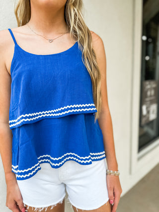 Blue Double Layer Ric Rac Trim Cami Top