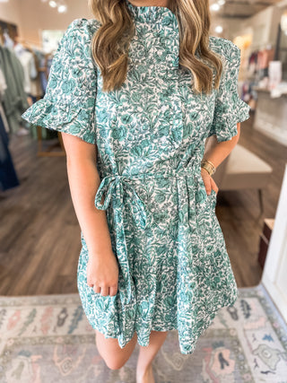 Deep Green Colette Feminine Ruffle Collar & Sleeves Mini Dress