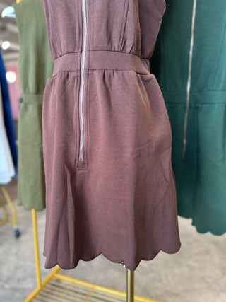 Brown On the Move Scallop Zip Mini Dress