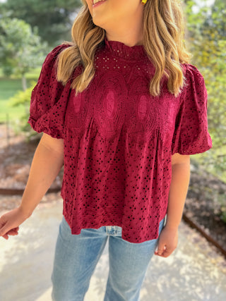 Burgundy Vintage Eyelet Top