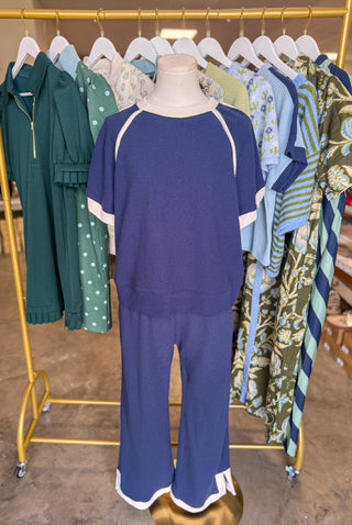 Mia Navy/Cream Cloudy Knit Rounded S/S Top & Pants Set