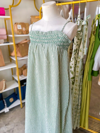 Green Forever Young Smocked Striped Maxi Dress