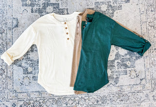 Khaki 3/4 Tab Sleeve Henley Knit Top