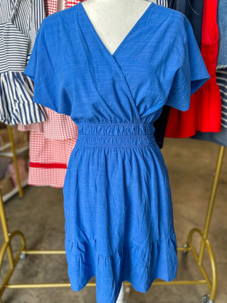 Ocean Blue Soft Structure Smocked V-Neck Mini Dress