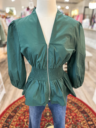 Sea Green 3/4 Sleeve Smock Waist Zip It Top