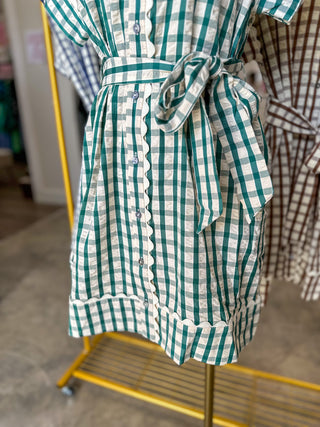 Hunter Green Honeyfield Gingham Scallop Trim Belted Mini Dress