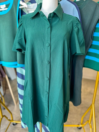 Hunter Green Charm Button Down Collared Mini Dress