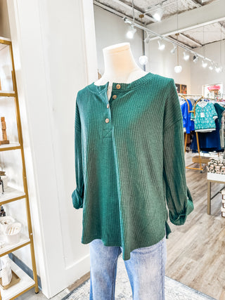 Hunter Green 3/4 Tab Sleeve Henley Knit Top