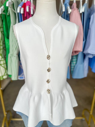 The Off White Polished Peplum Gold Button Top