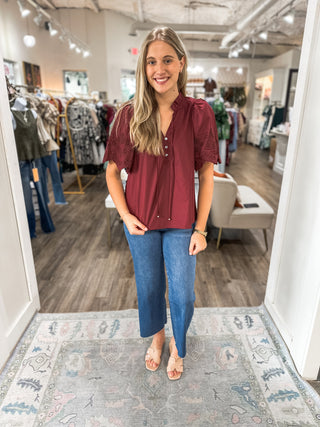 The Burgundy Claire Eyelet Trim Blouse