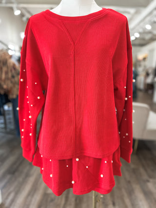 Red Holiday Pearl Charm Long Sleeve Top