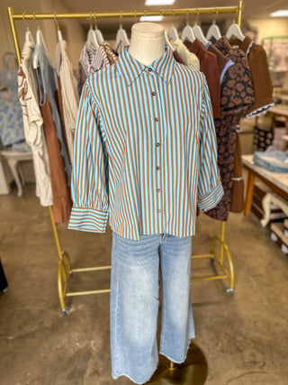 Blue & Camel Harvest House Striped Button Down Top