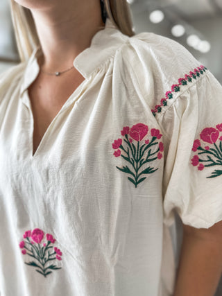 Cream Cottage Bloom Embroidered Bubble Sleeve Blouse