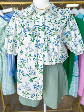 Blue & Green Ditsy Floral Ruffle Defined Collar Top