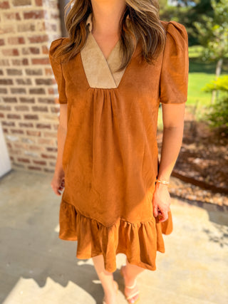 Camel Vinyard Stroll Ruffle Suede Mini Dress