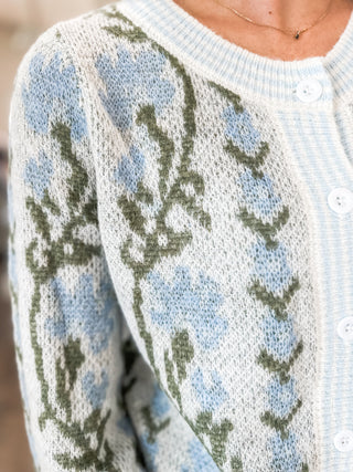 Light Blue Flowering Charm Button Up Sweater Cardigan
