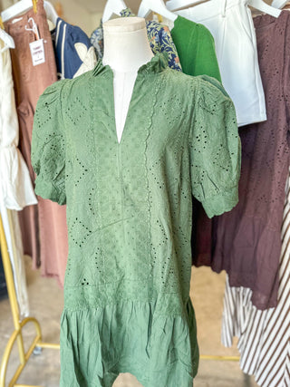 Hunter Green Evelyn Eyelet Mini Dress