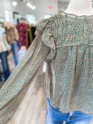 Camel Peacock Ruffle Long Sleeve Blouse