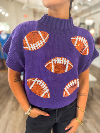 Purple Sequin Football Sequin Patch Sleeveless Sweater