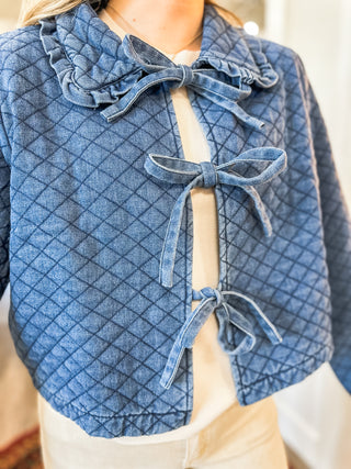 Denim Ruffle Collar Quilted Denim Tie Front Jacket