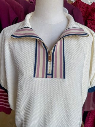 Cream & Navy Clubhouse Quarter Zip Mock Neck Top