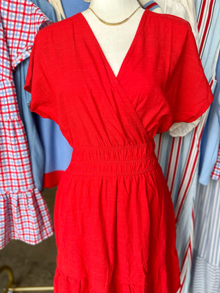 Red Soft Structure Smocked V-Neck Mini Dress