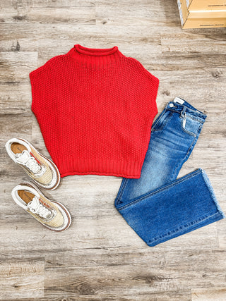 Red Knit Drop Shoulder Sweater Top