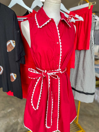Red Petal Scallop Belted Mini Dress