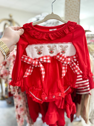 Rudolph Smocked Baby Girl Bubble