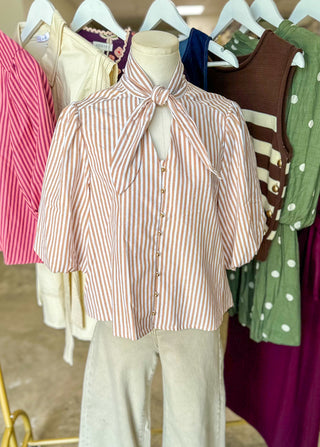 Camel Striped Magnolia Bow Button Down Blouse