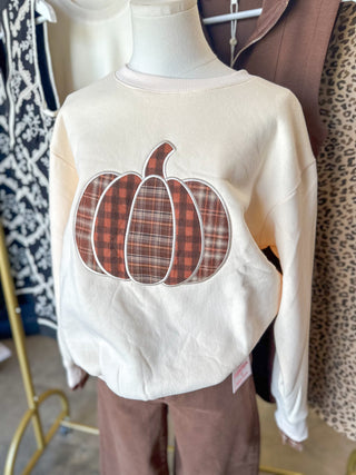 Ecru Plaid Pumpkin Patchwork Sweater