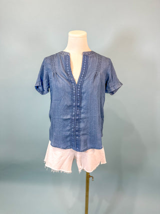 Chambray Split Neck Lace Trim Top