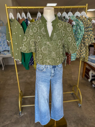 Olive Better To Be Embroidered Smocked Detail Top