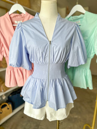 The Pretty in Periwinkle Smocked Peplum Top