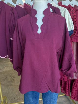 Plum Green Autumn Elegance Scallop Trim Top