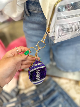 Purple & Gold Puff Sequin Football Keychain