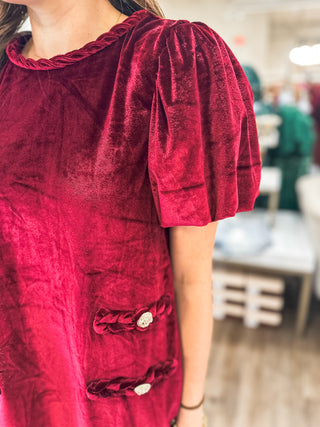 Garnet Velvet Winter Wonderful Braided Accents Dress