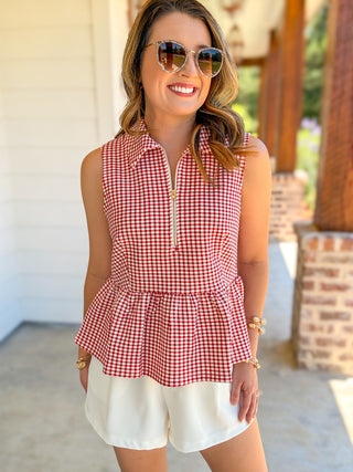 Red Weekend Favorite Gingham Half Zip Peplum Top