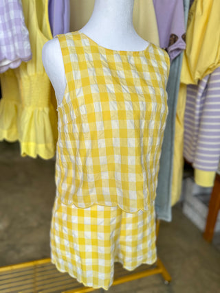 Lemon & White Sissy's Gingham Scallop Hem Sleeveless Shorts Set