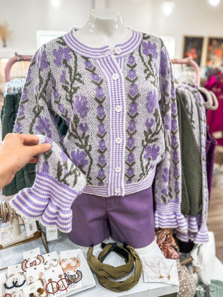 Lavender Flowering Charm Button Up Sweater Cardigan