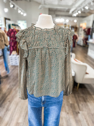 Camel Peacock Ruffle Long Sleeve Blouse