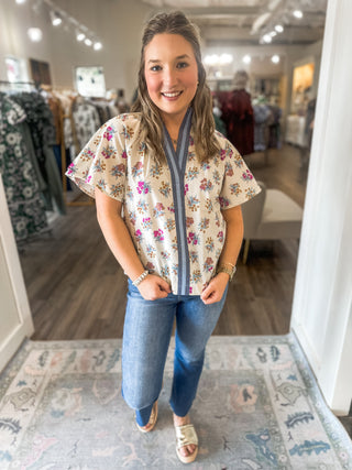 Meadow Bloom Chambray Trim Top