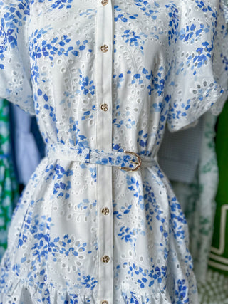 Blue Eyelet Dream Belted Mini Dress