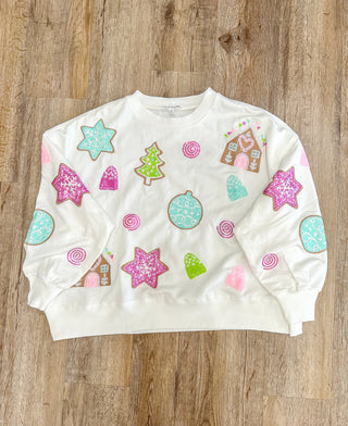 Pink Gingerbread House Family Tradition Sequin Sweatshirt