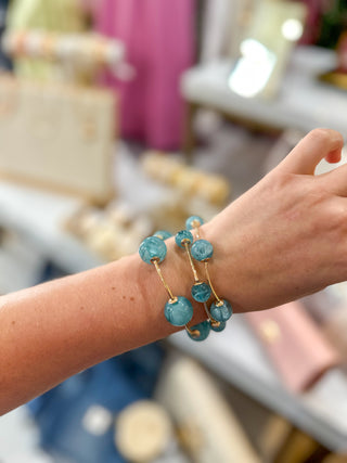 Teal Beaded W/ Gold Bar Set of 3 Stretch Bracelets